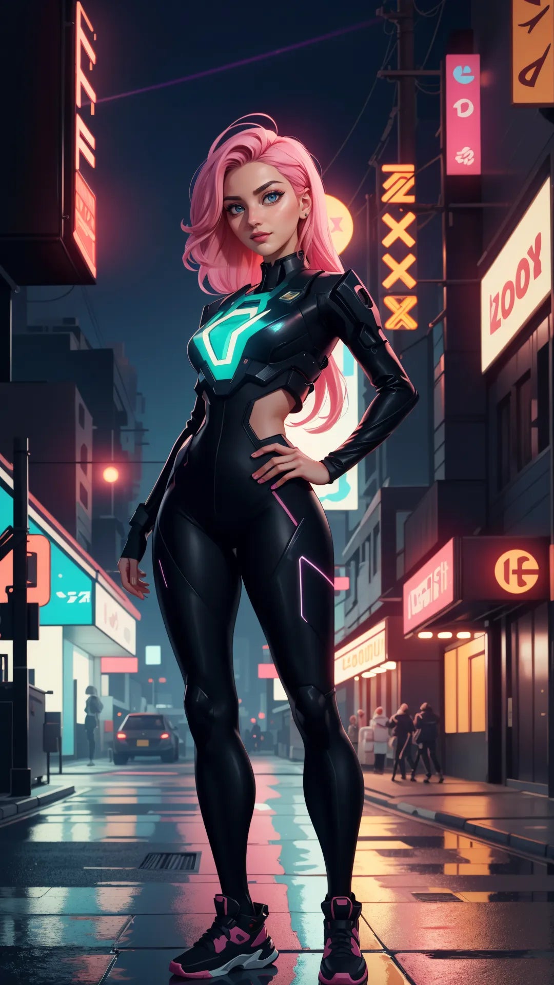 Futuristic cyberpunk art featuring a woman in neon-lit high-tech attire.