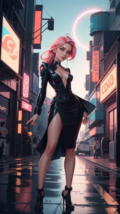 Futuristic cyberpunk female character with pink hair in neon-lit city street.