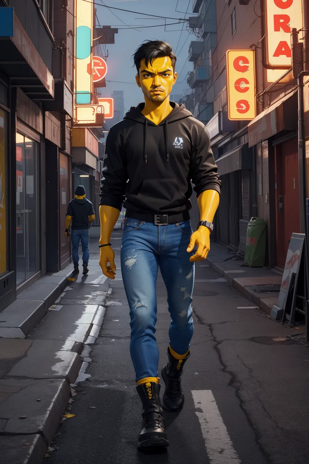 Custom Anime A.I. Art: DBZ-inspired character walking in an urban alley, showcasing personalized anime-style transformation.