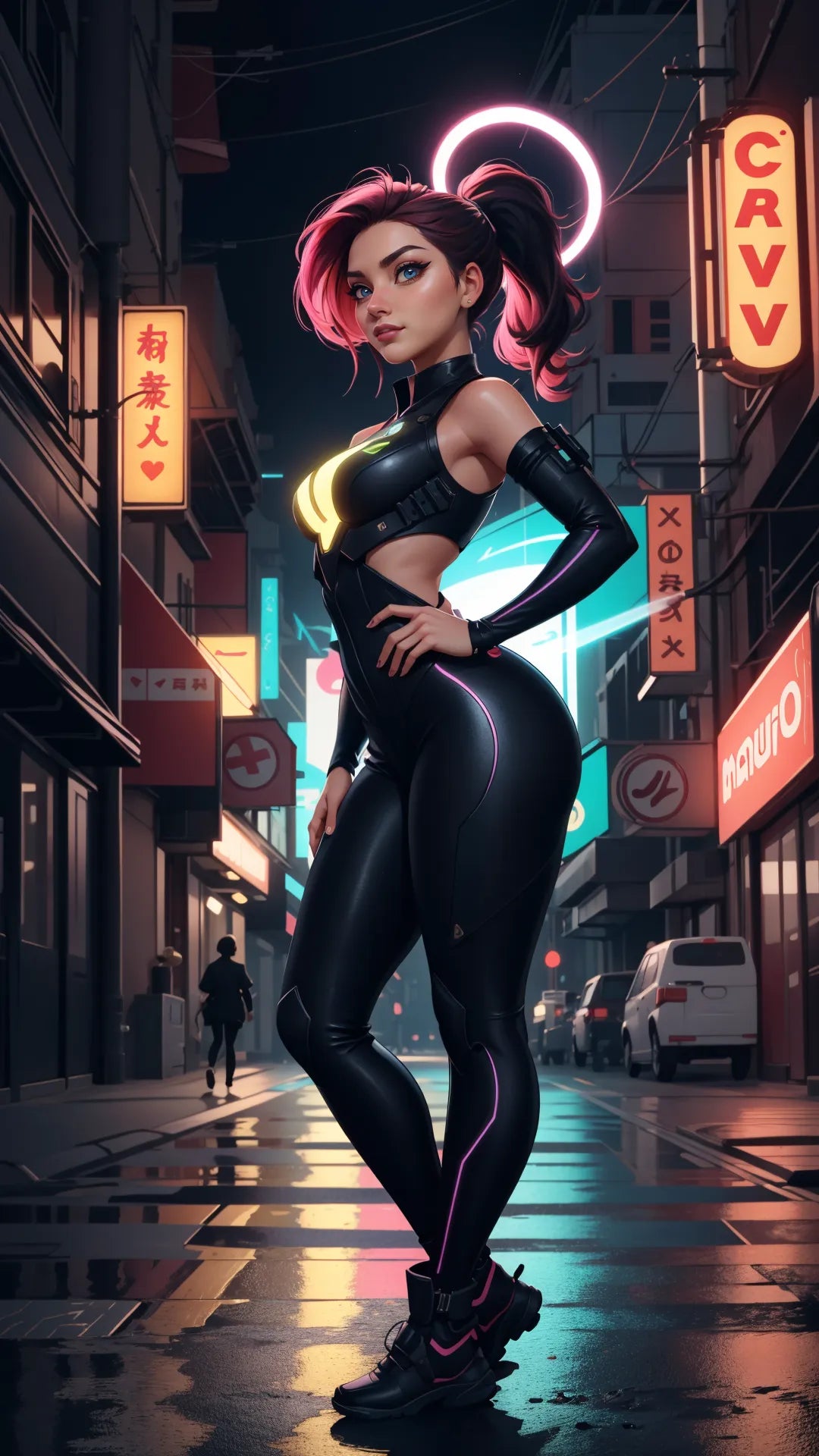Futuristic digital art with a cyberpunk-inspired character in neon colors.