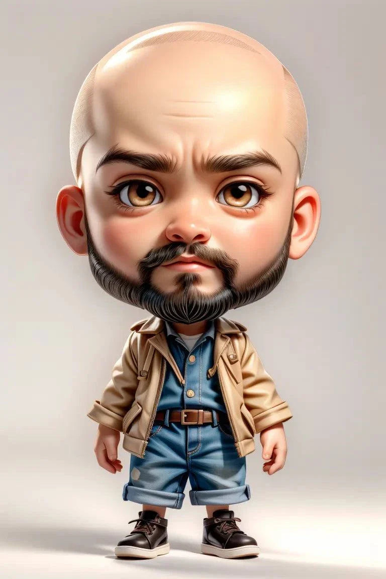 Custom A.I. Art character illustration with oversized head and detailed expression, wearing casual attire, showcasing imaginative design.