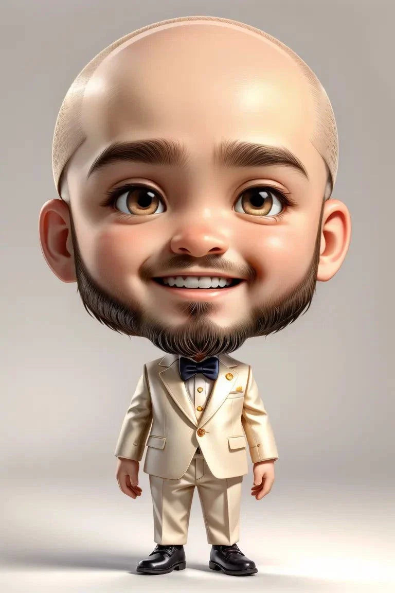 Custom A.I. cartoon character in a suit with a bow tie, big head, and smiling expression.