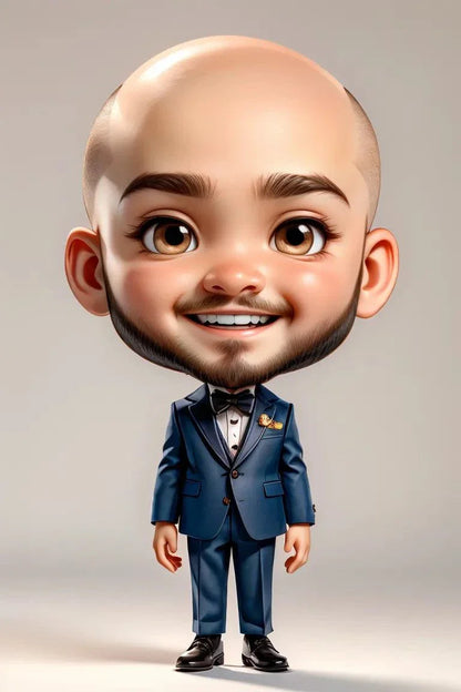 Custom A.I. art of a bald character in a blue suit.