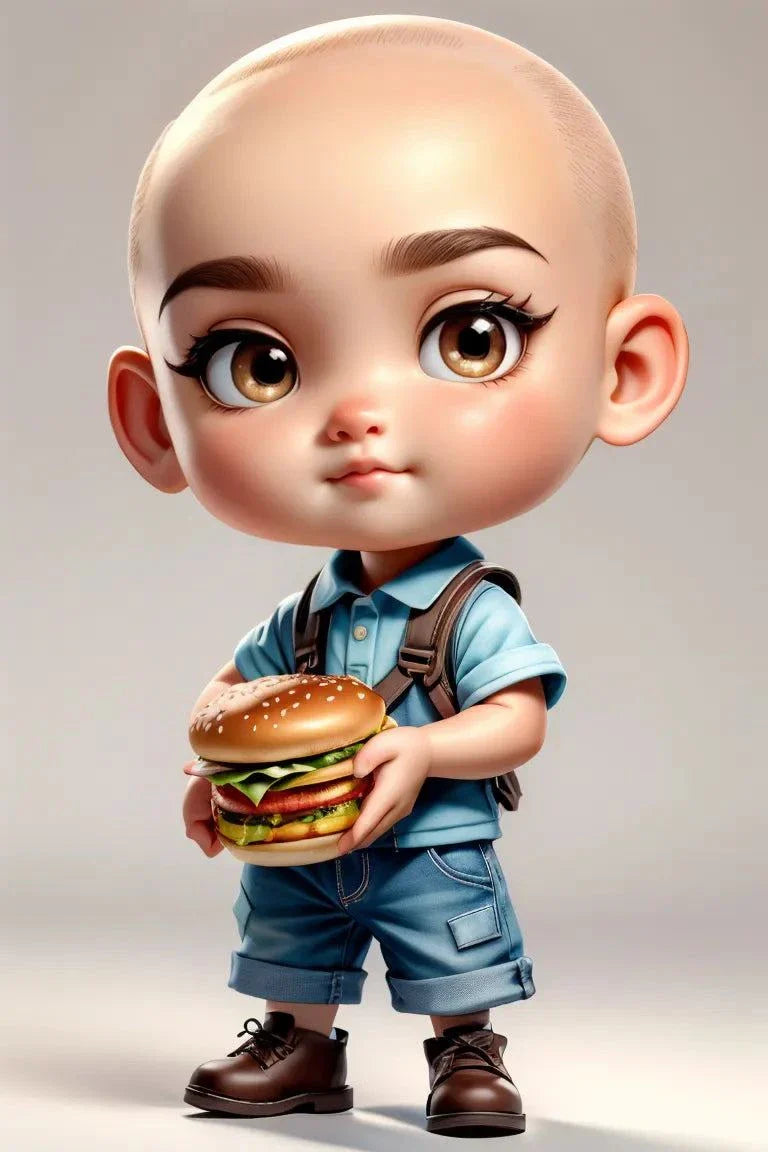 Custom A.I. Art featuring a cute character holding a hamburger, showcasing innovative design possibilities.