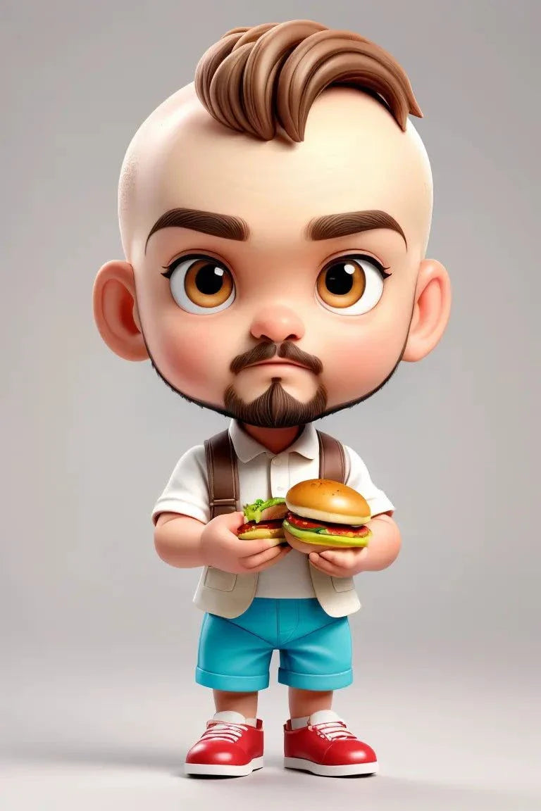 Custom A.I. art featuring a cute, cartoon-style character holding a burger.