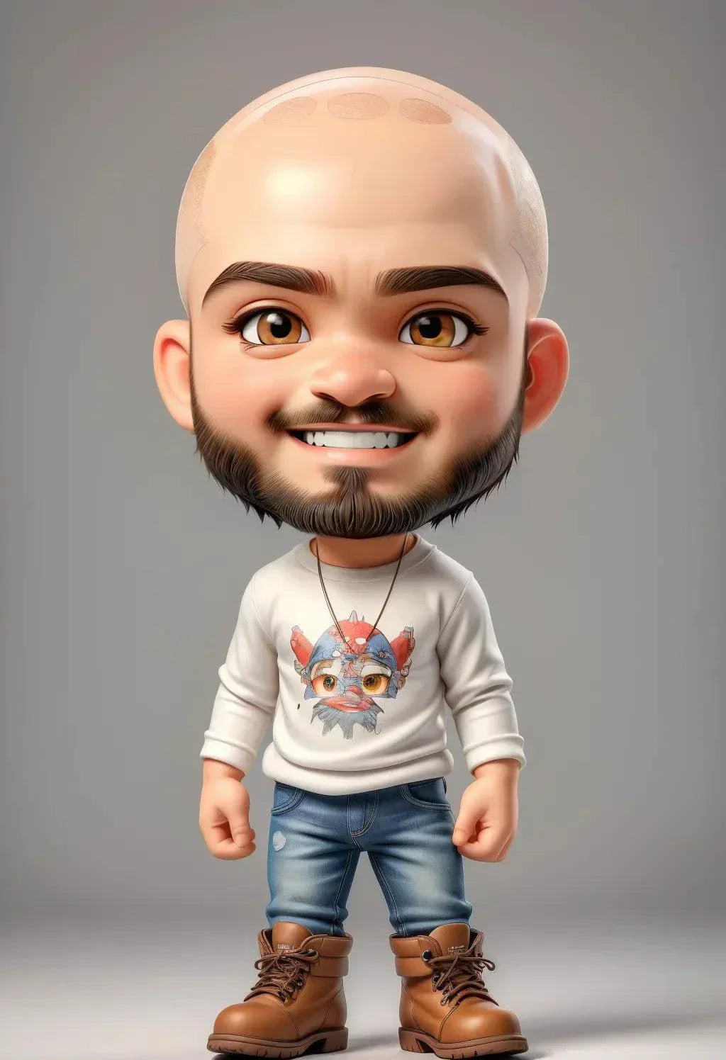 Custom A.I. Art caricature figure with a smiling bald man, wearing a graphic sweatshirt and jeans, showcasing digital artistry.