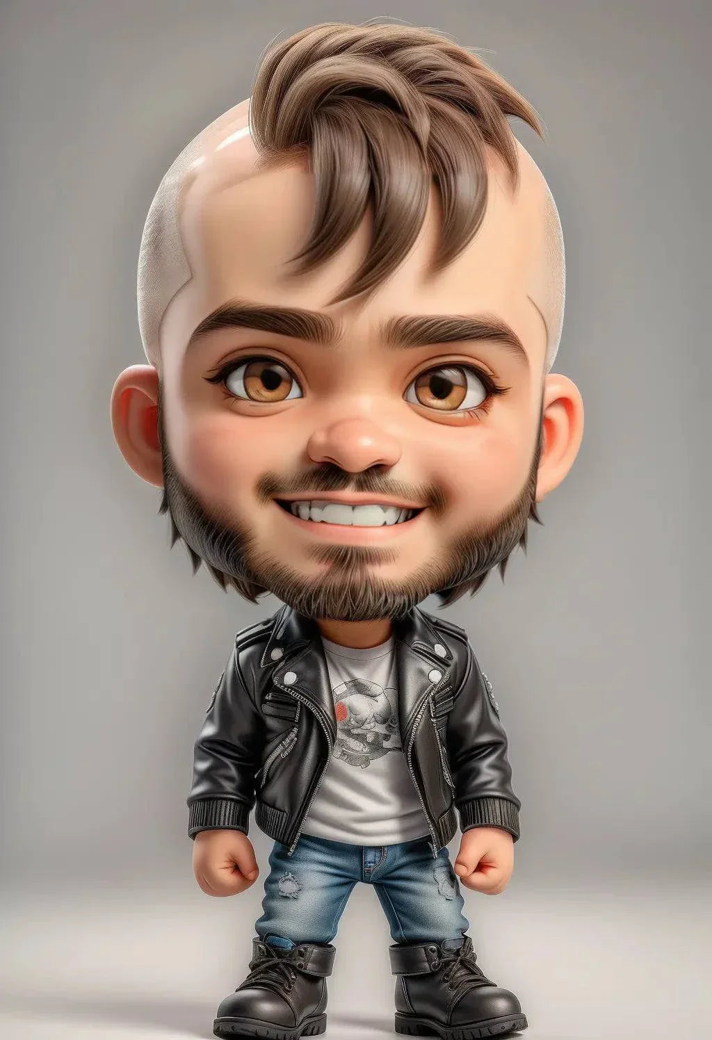 Custom A.I. character design with leather jacket and jeans, showcasing unique artistic transformation.