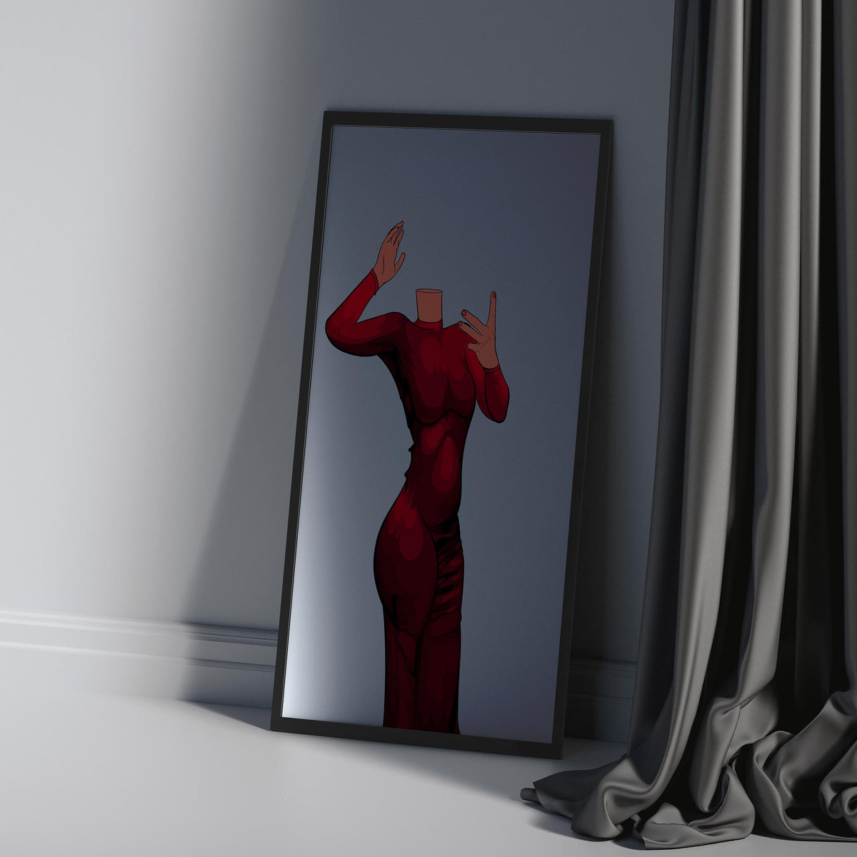 Digitalized Arts Baked Art dress illustration featuring a bold red pose in a mirror.