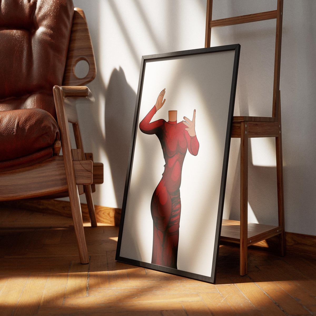 Digital art of a bold red dress in striking pose titled "Dynamic Red Pose," vibrant elegance and power.