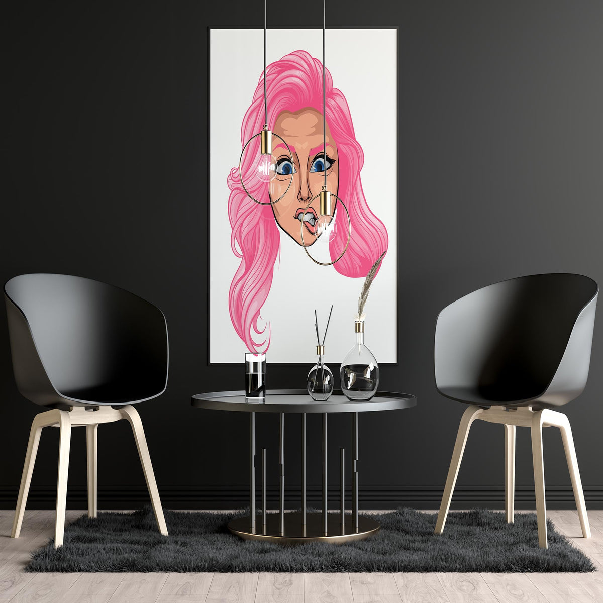 Baked Art - Character & Human Faces Model 9, vibrant artwork with pink-haired face on wall, modern interior setting.