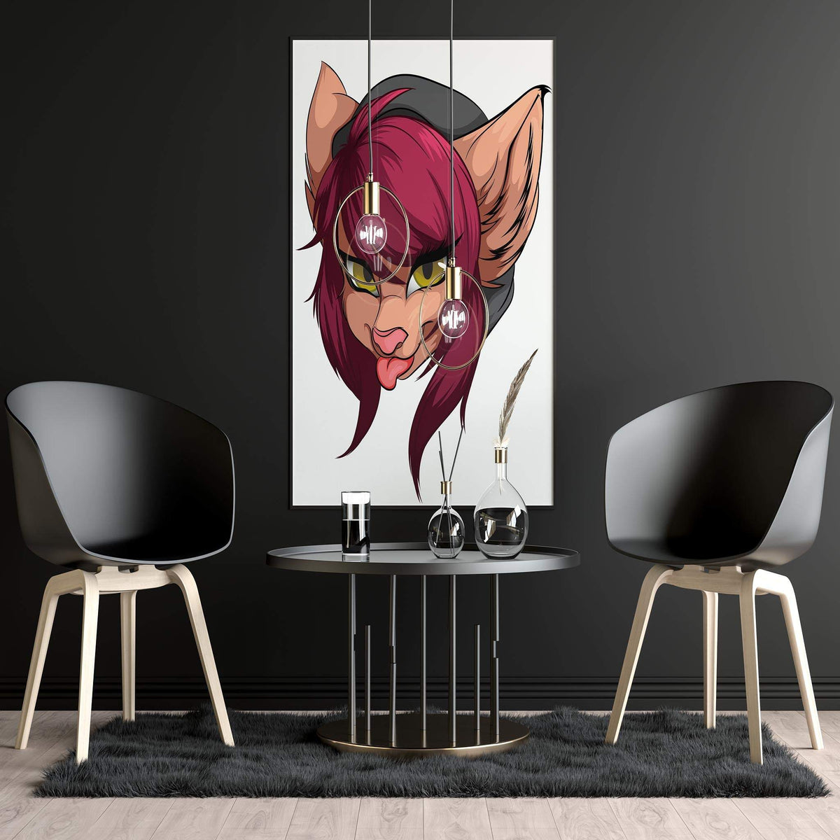 Digital art of a maroon-haired furry character with yellow eyes in a hood.