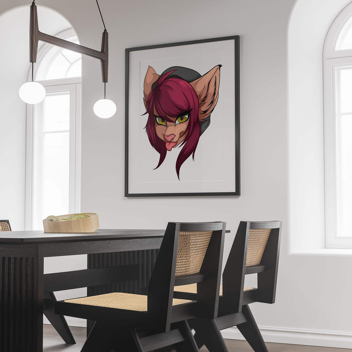 Baked Art - Furries Model 10 digital artwork, featuring a maroon-haired furry character with yellow eyes in a playful pose, perfect for art collections.