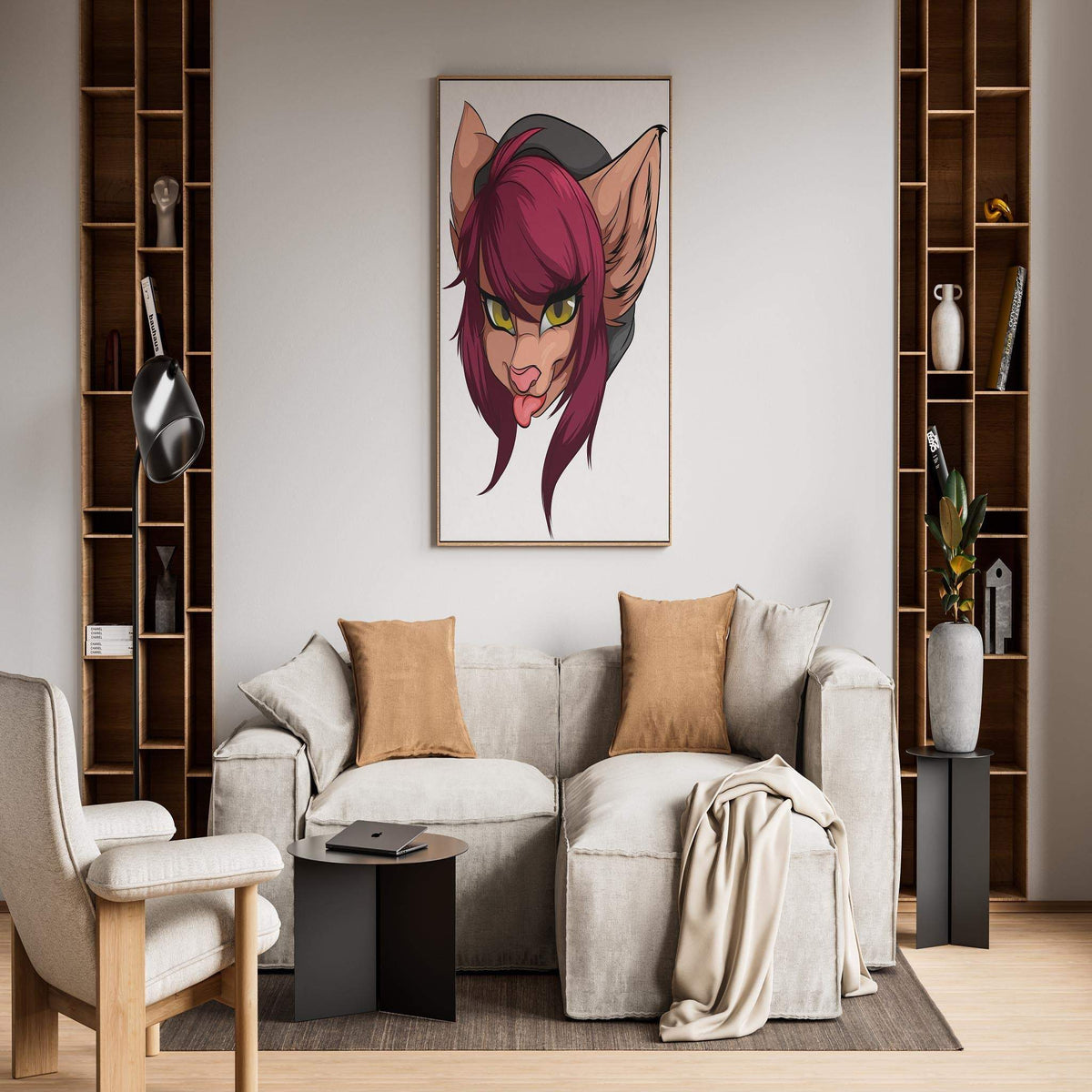 Maroon-haired furry character digital art with yellow eyes and tongue-out pose, wall display for home decor.