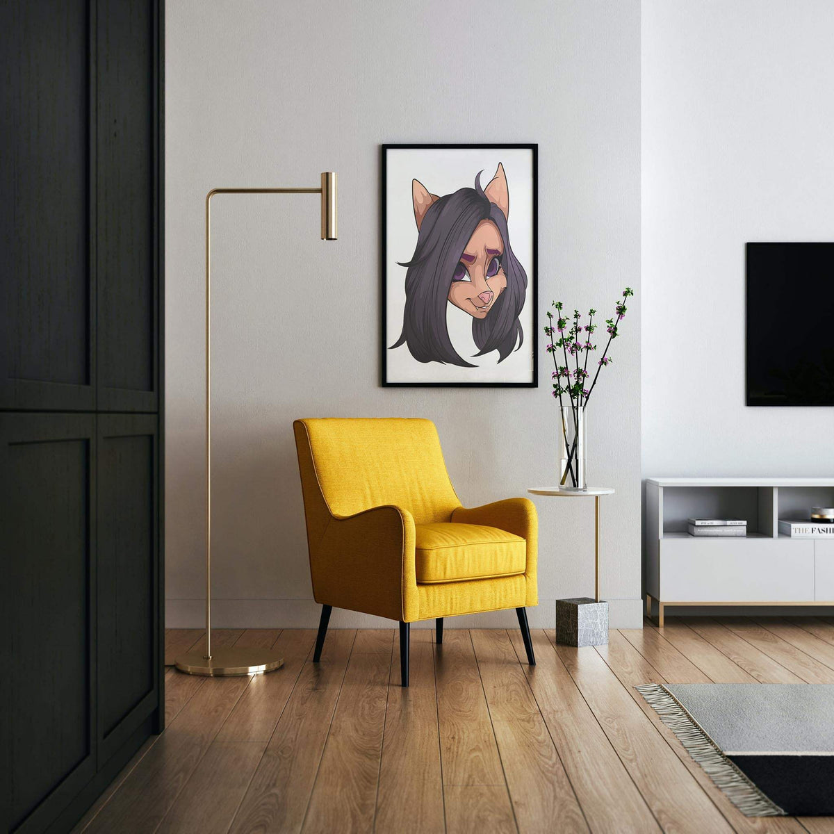 Furry character wall art with black hair, purple eyes, and pink nose displayed in modern living room.