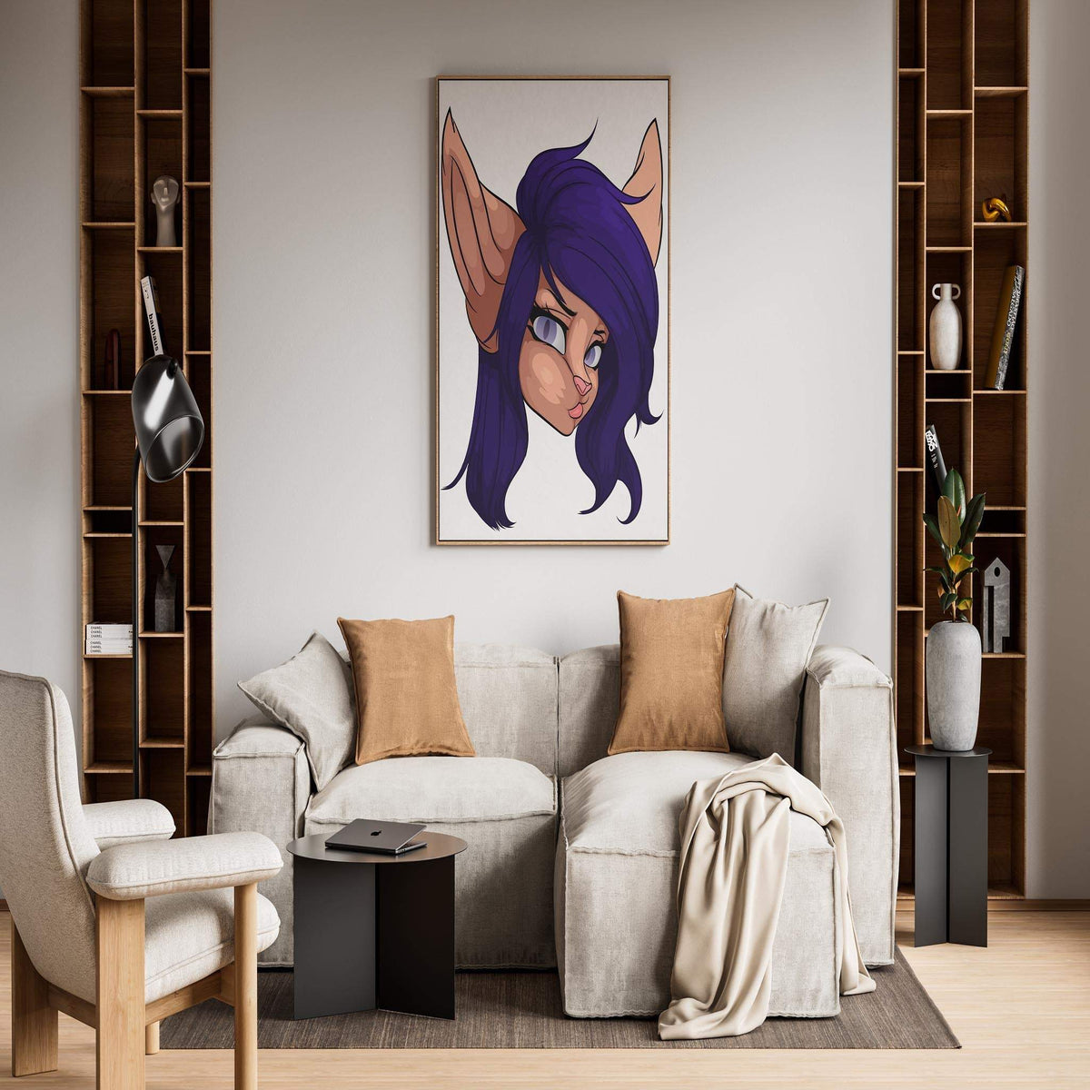 Furry illustration with purple hair and gray eyes, titled "Baked Art - Furries Model 12," displayed in a modern living room setting.