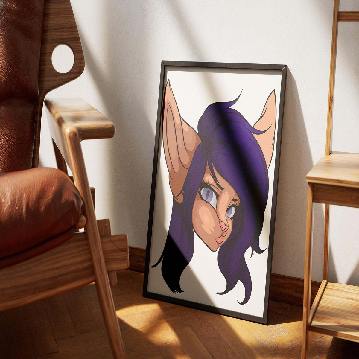 Furry illustration with purple hair and gray eyes in a framed art piece on the floor.