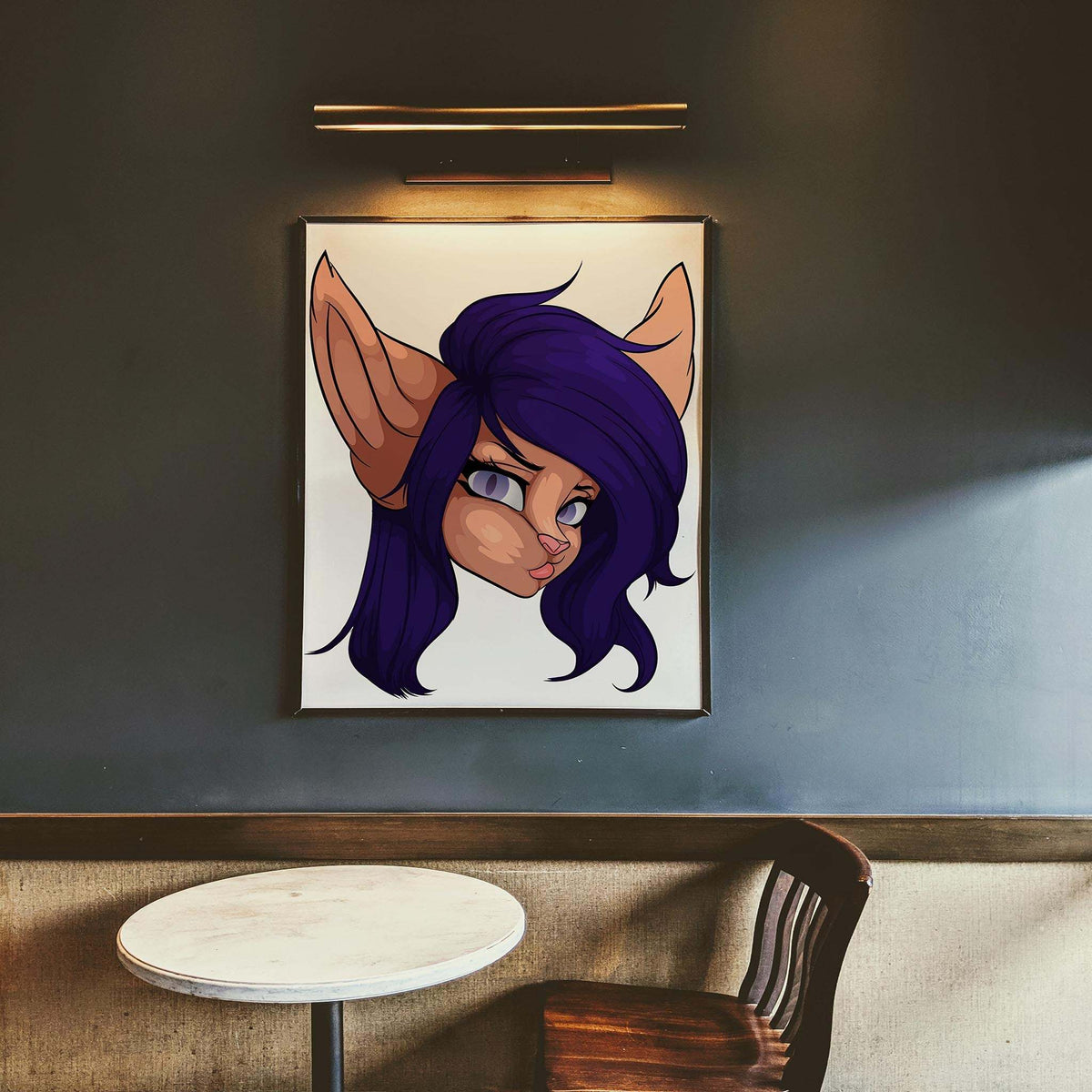 Baked Art - Furries Model 12 illustration with purple hair and gray eyes in a stylish room setting.