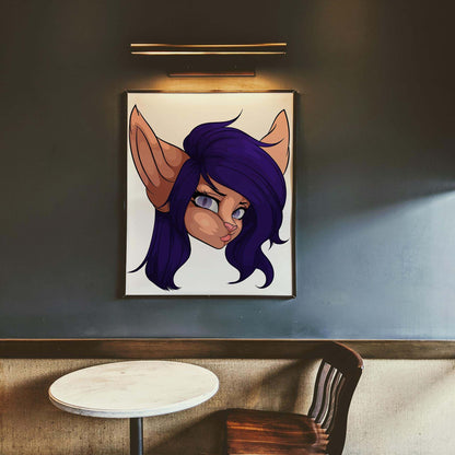 Baked Art - Furries Model 12 illustration with purple hair and gray eyes in a stylish room setting.