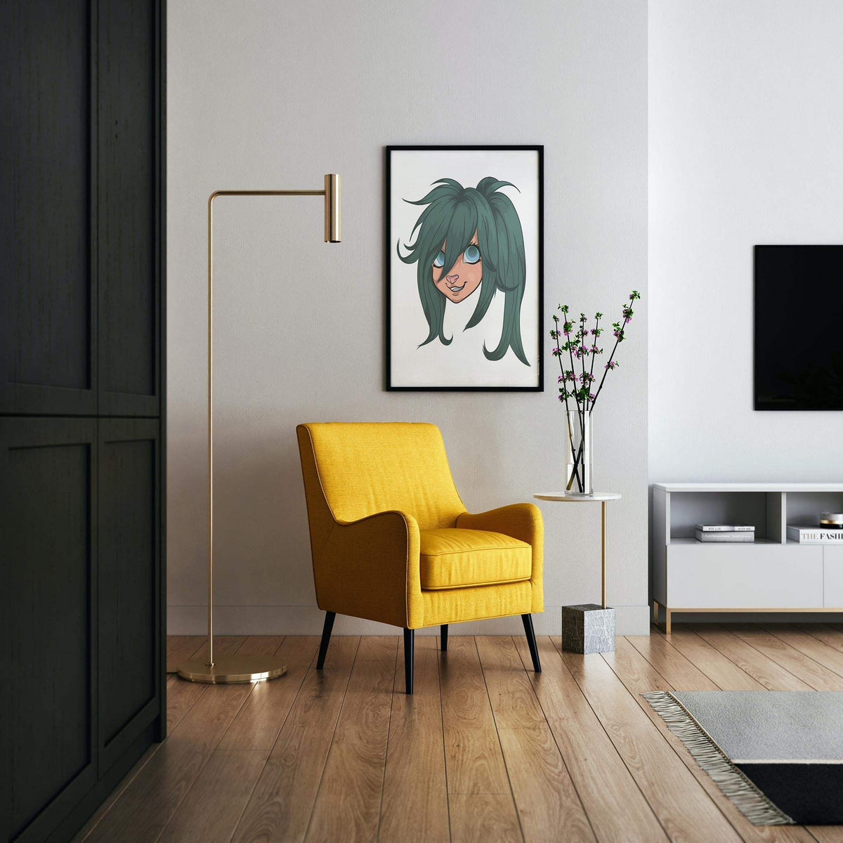 Furry character design with green hair and blue eyes, displayed in a modern living room.