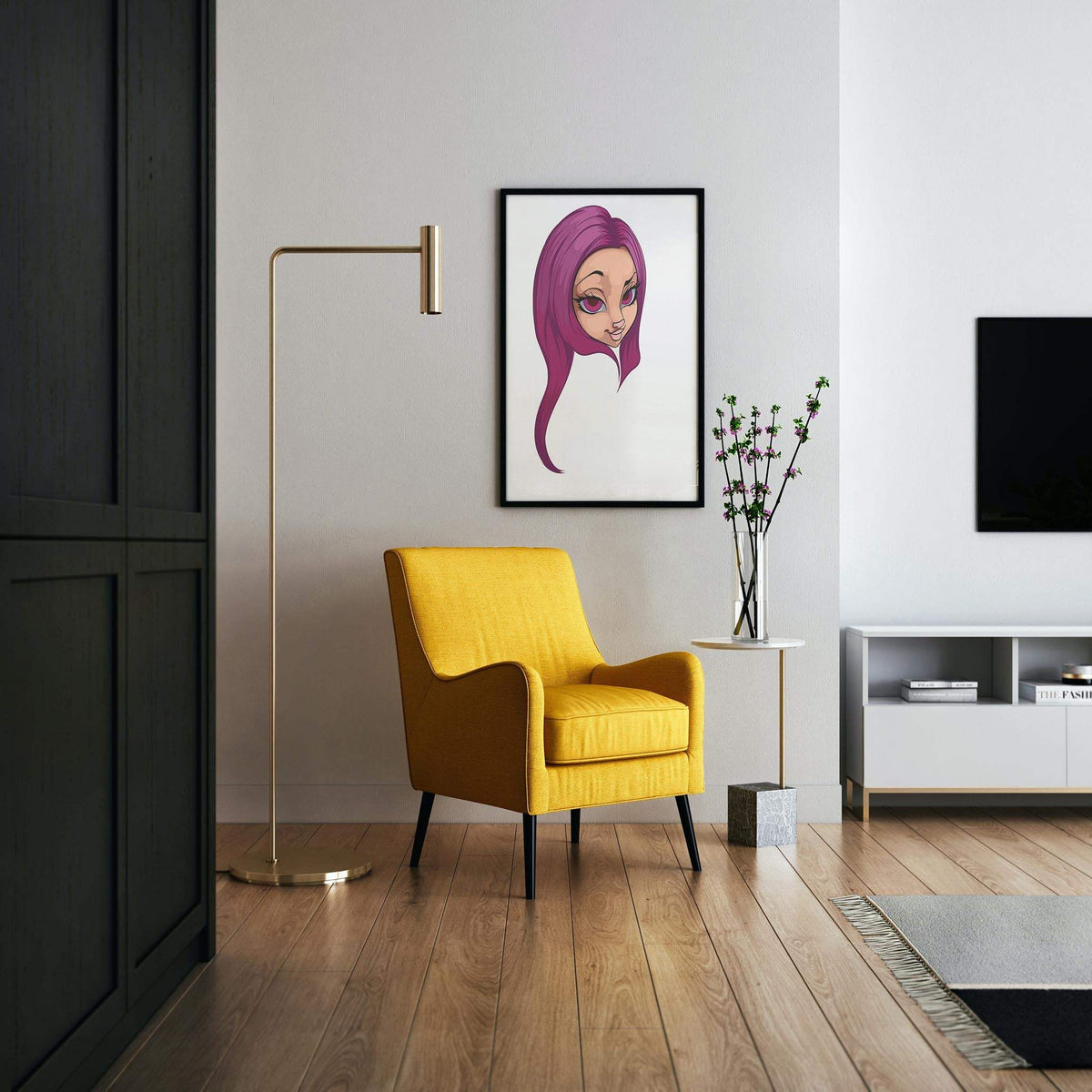Digital art poster featuring magenta-haired furry character in modern room with yellow chair and minimalist decor.