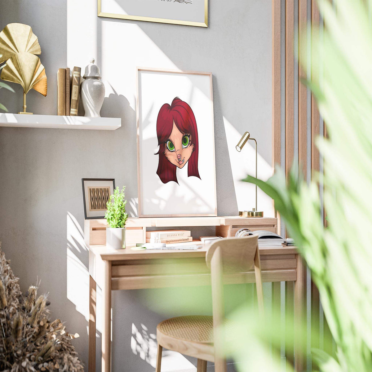 Green-eyed furry digital artwork in frame on desk; Baked Art - Furries Model 19.