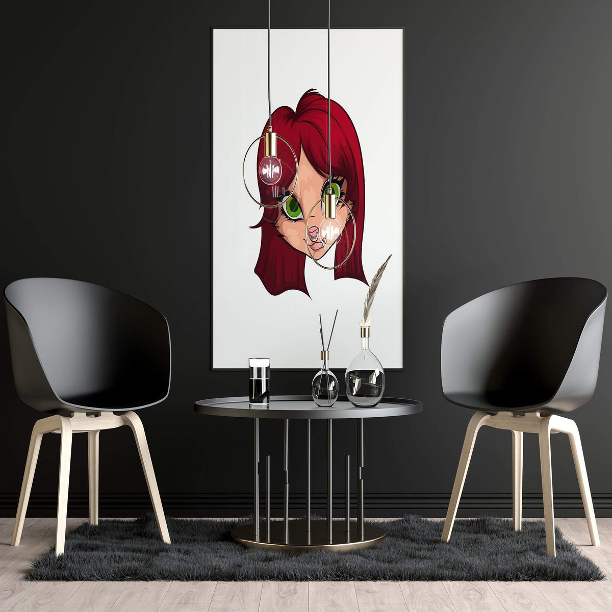 Vivid digital artwork featuring green-eyed furry character, "Baked Art - Furries Model 19," displayed in a modern interior setting.