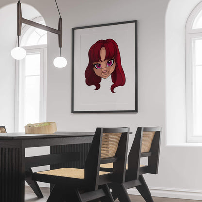Digital artwork titled "Furries Model 19" featuring a playful green-eyed character, framed on a wall.