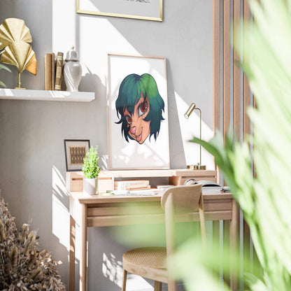 Furries Model 21 digital art illustration with expressive eyes and green-tinged hair displayed in a stylish room setting.