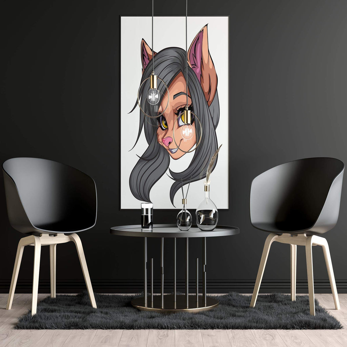 Baked Art - Furries Model 2 digital feline portrait with gray fur and yellow eyes in a modern interior setting.