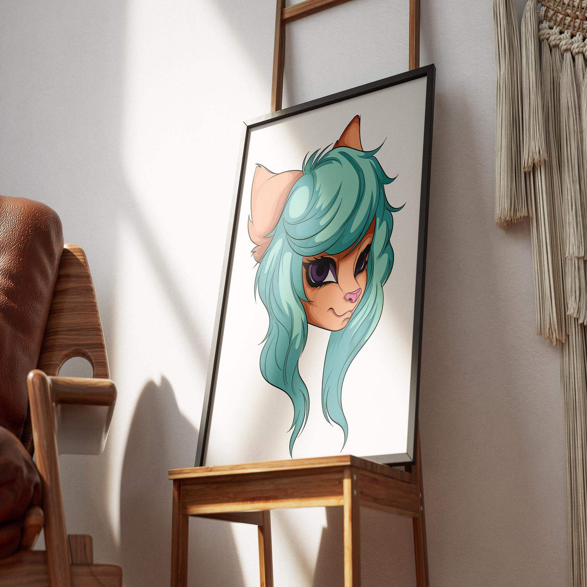 Aqua-haired furry character portrait with purple eyes, digital art, Baked Art - Furries Model 6.