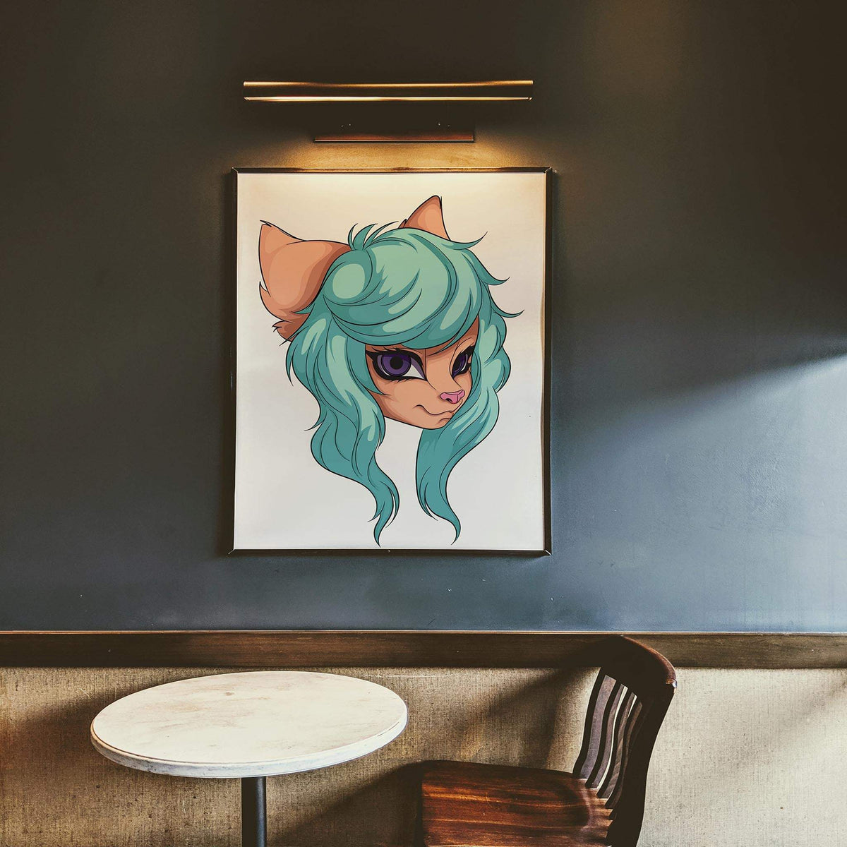 Aqua-haired furry character digital portrait with purple eyes, displayed on a wall, ideal for art collections.