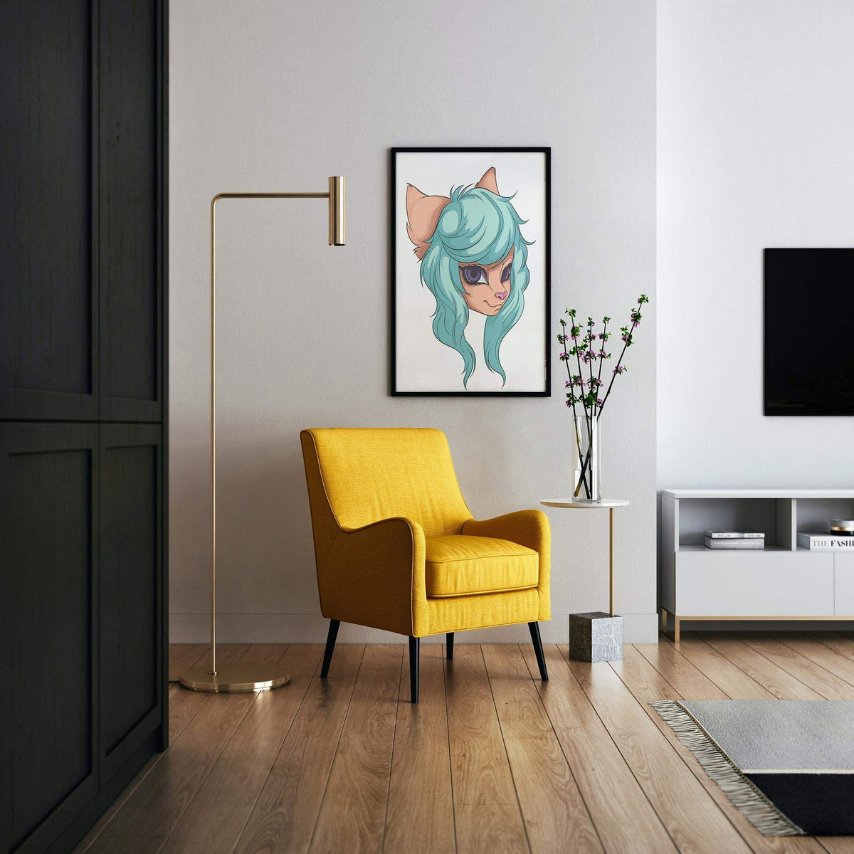Aqua-haired furry character digital art with purple eyes in a modern living room setting.