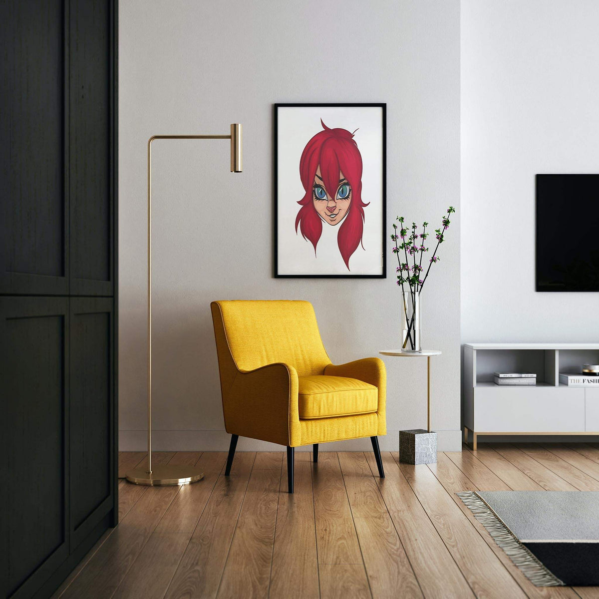Fiery red-haired furry character artwork in modern living room setting, with a yellow chair and stylish decor.
