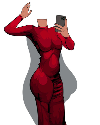 Contemporary chic red dress pop art digital print from Baked Art - Dress 6, showcasing modern confidence with sleek long sleeves and dynamic pose.