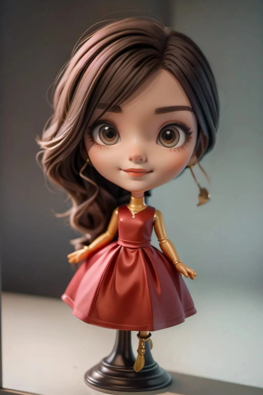 Custom doll-like AI art of a girl with red dress and large eyes on a stand.
