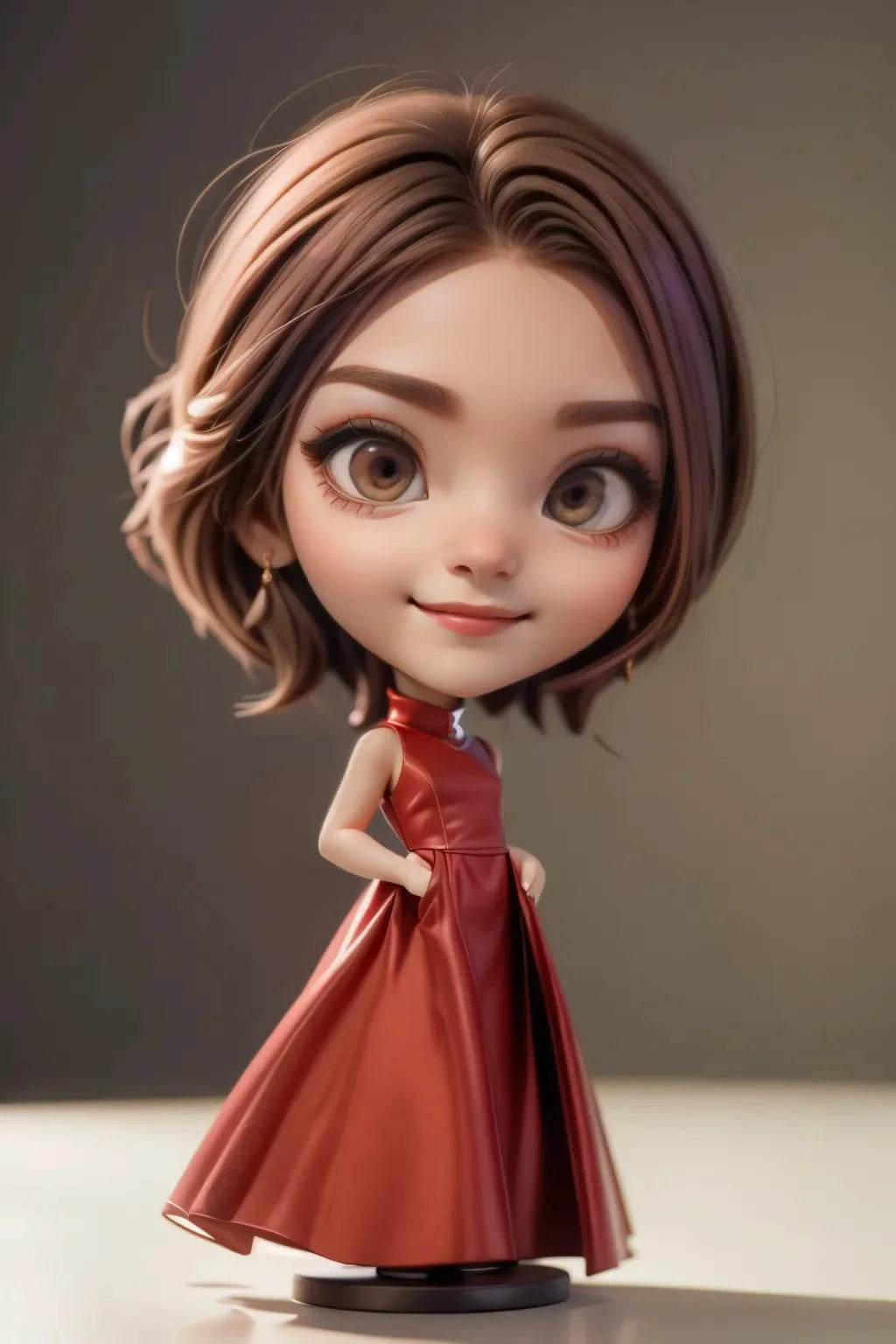 Cute doll-like A.I. art figure with big head and small body in a red dress, showcasing unique anime character design.