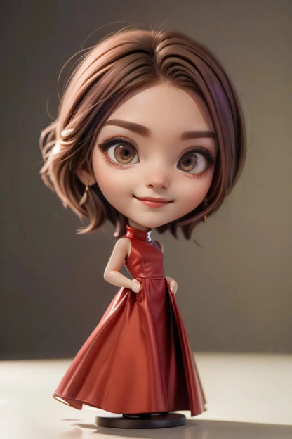 Cute doll-like A.I. art figure with big head and small body in a red dress, showcasing unique anime character design.