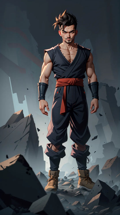 custom anime A.I. art of a man resembling a martial artist in a rocky landscape