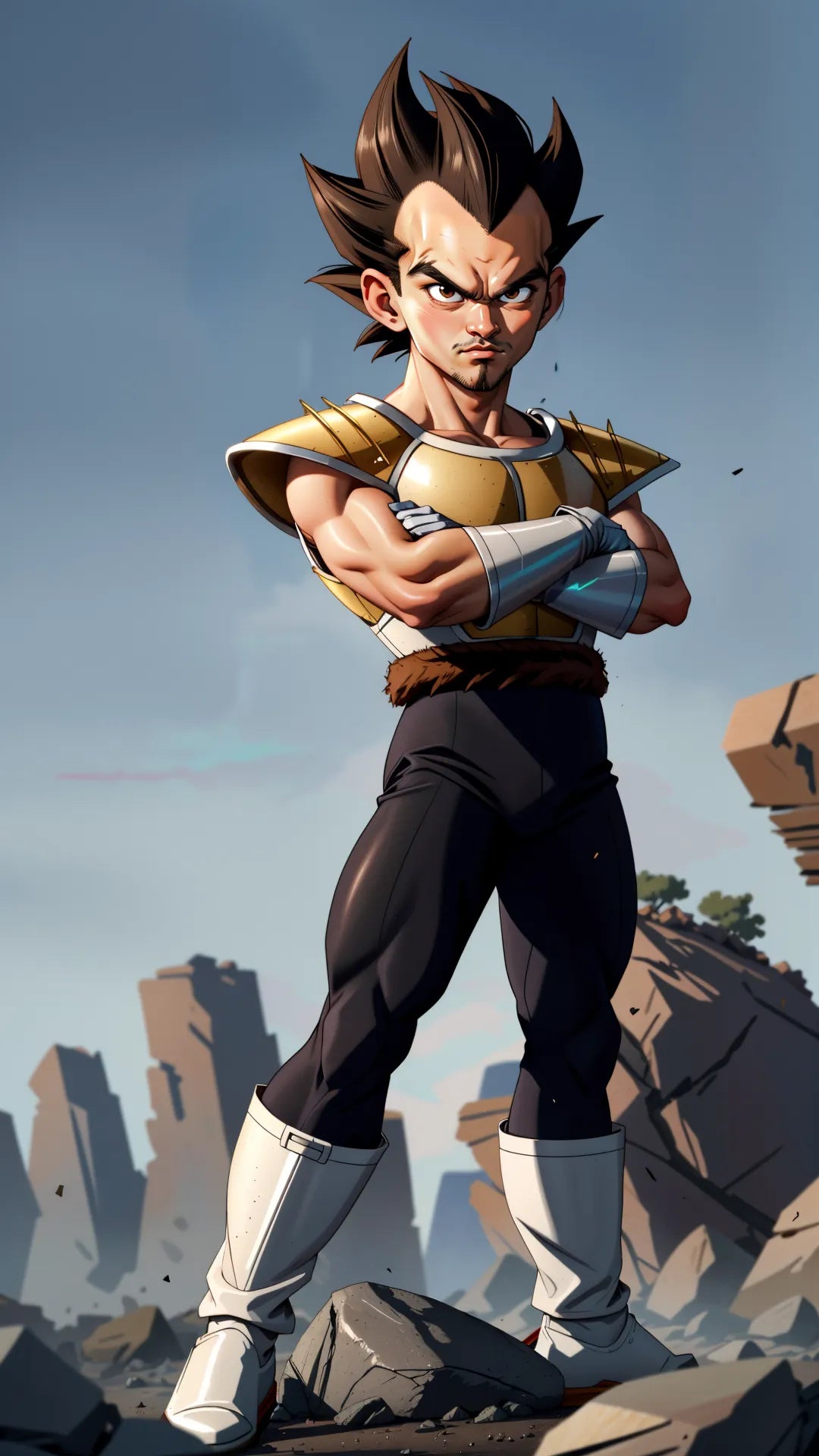 Custom Anime A.I. Digitalized Art of a muscular character with spiky hair, inspired by popular anime styles; photo transformation service for personalized, high-quality anime-style images.