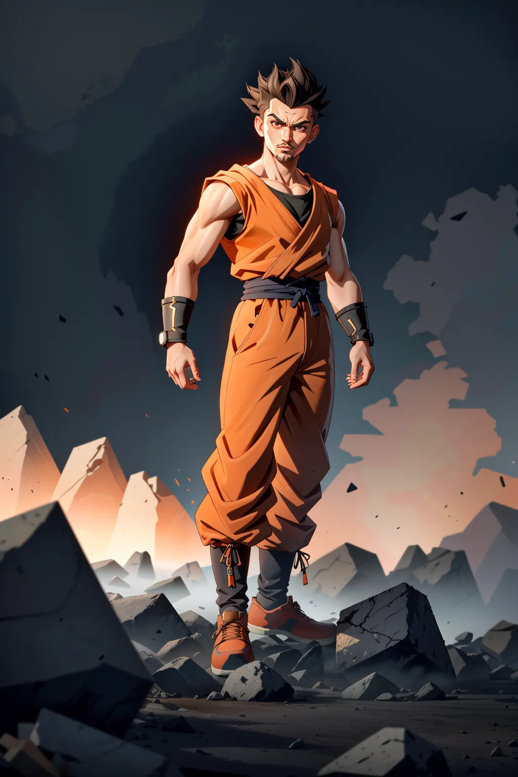 Anime-style art of a strong character in orange martial arts attire, inspired by Dragon Ball, standing confidently amid rocky terrain.