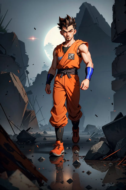 Custom anime A.I. art resembling a Dragon Ball character in an orange martial arts outfit walking through a rocky terrain at night.