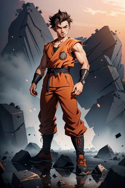 Anime-style character in an orange martial arts outfit amidst rocky terrain.