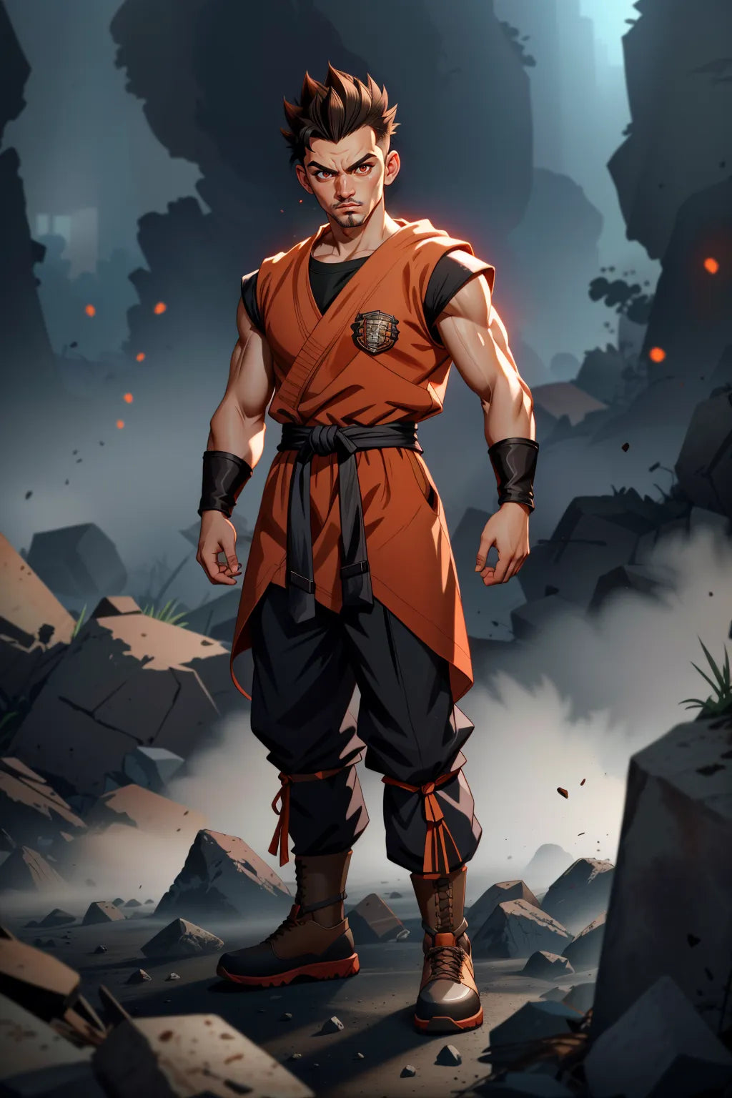Custom Anime A.I. Digitalized Art depicting a male character in anime style standing in a rocky setting.