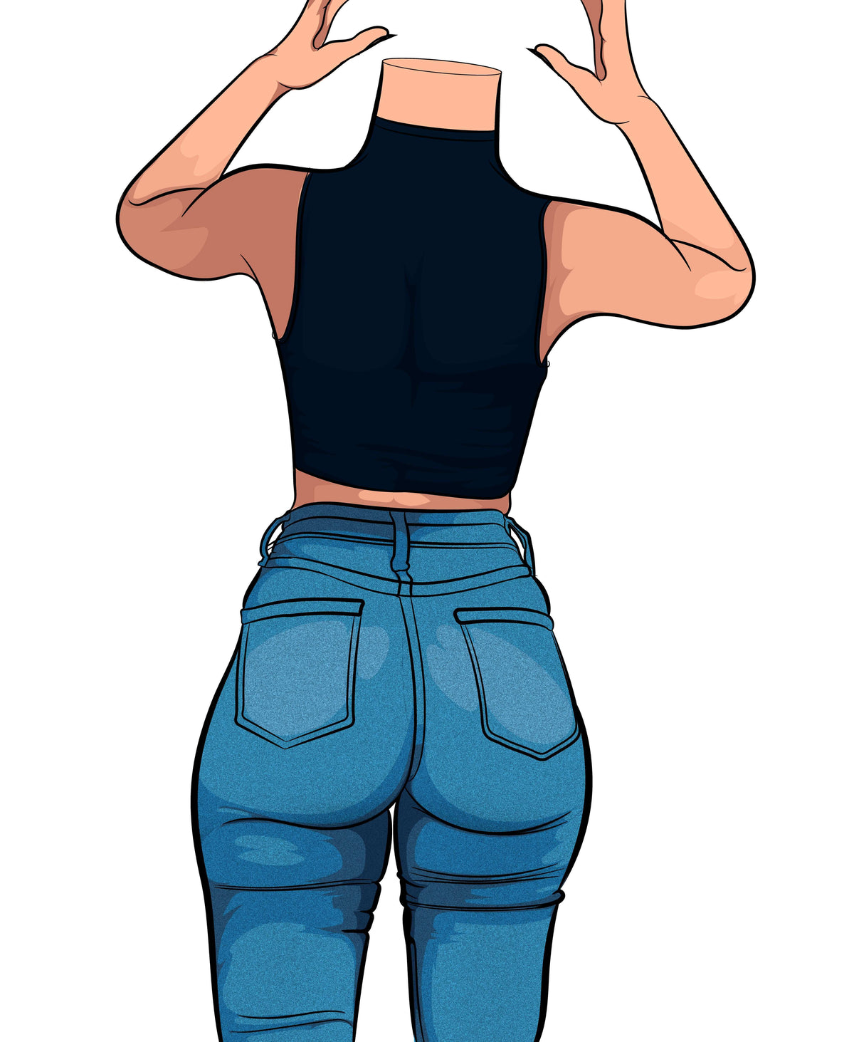 Digital illustration of a figure wearing high-waisted denim jeans with vibrant blue tones, highlighting stylish denim design - Jeans Denim Model 5 Baked Art.