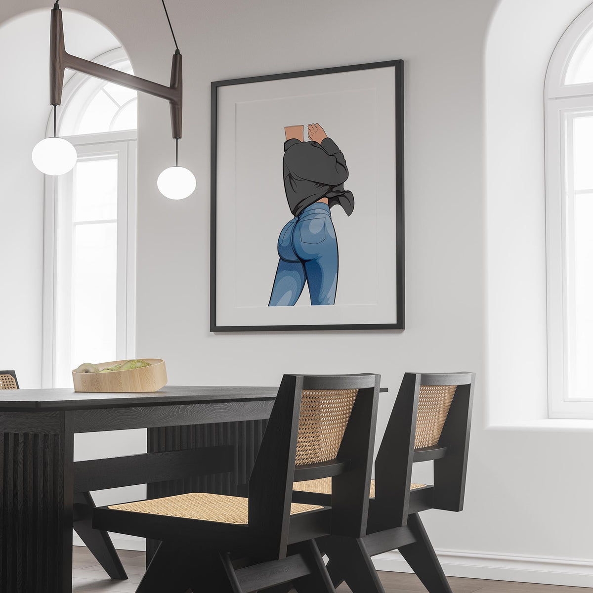 Illustration of jeans denim with artful shading, framed in a contemporary interior setting.