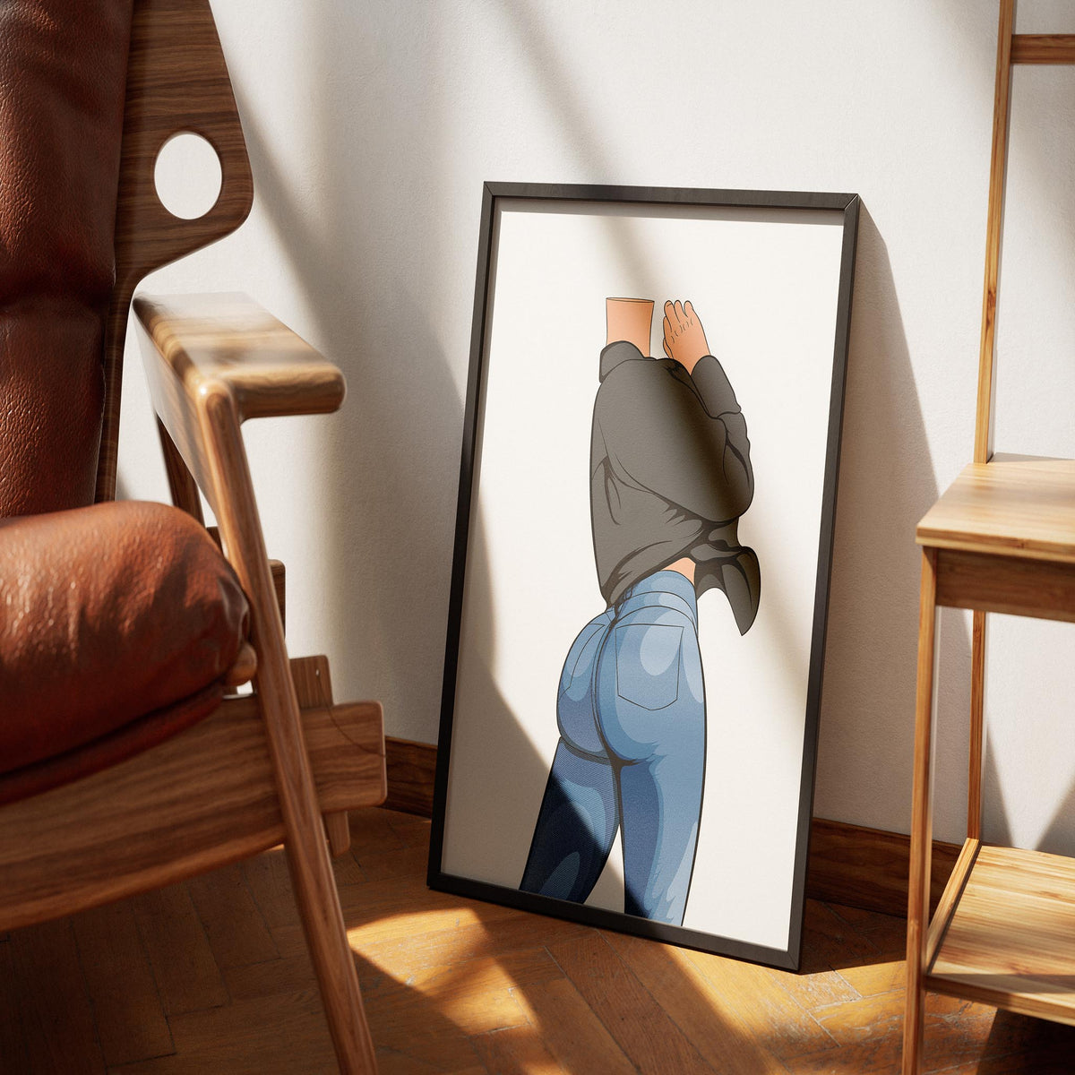 Digital artwork of jeans denim model showcasing "Baked Model Art 23," highlighting fitted jeans and draped top.