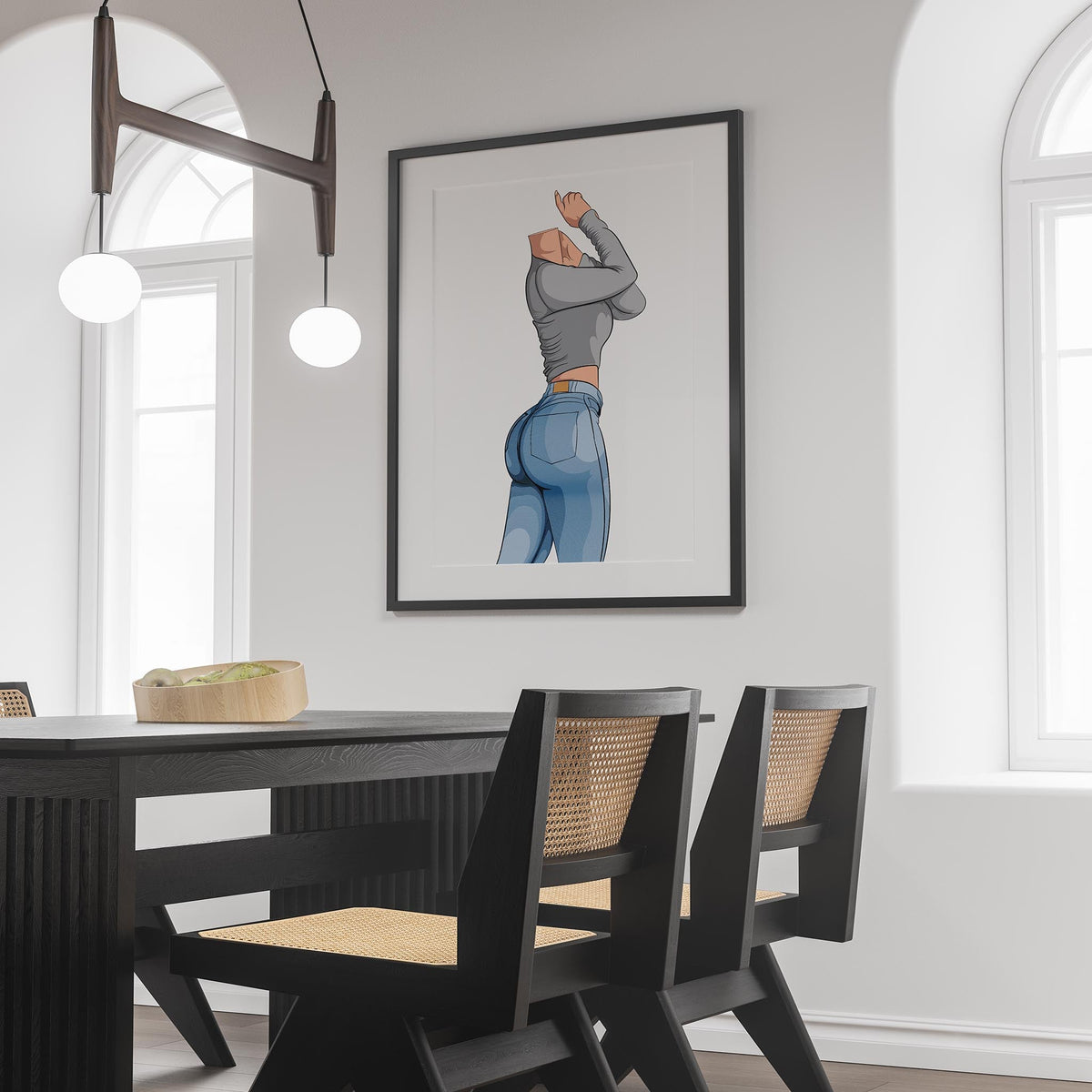Illustration of stylish denim fashion featuring Jeans Denim - Baked Model Art 24, showcasing detailed texturing and dynamic pose in a modern interior setting.