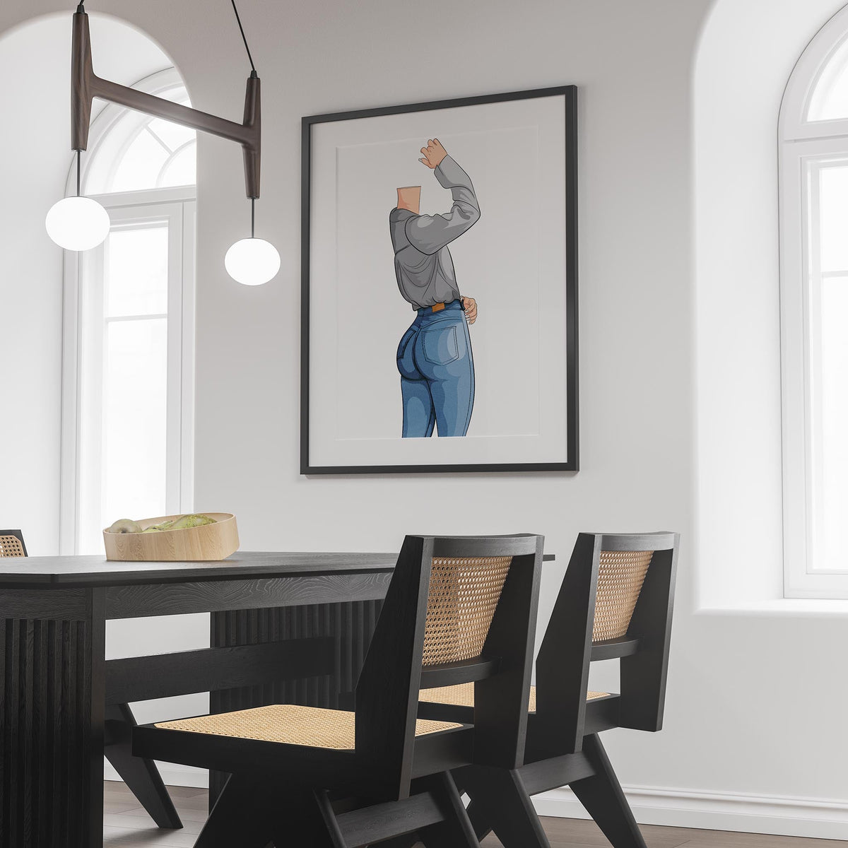 Illustration of character in form-fitting denim jeans, titled "Jeans Denim - Baked Model Art 27", displayed in a modern room setting.