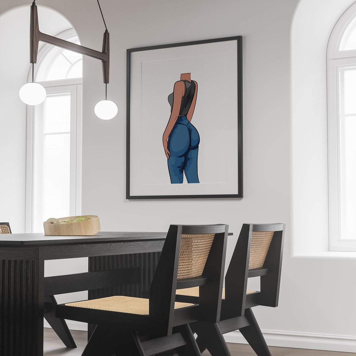 Framed artwork of Jeans Denim Model 29 showcasing sleek denim and a black top hanging in a modern dining room.