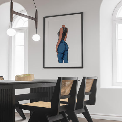 Framed artwork of Jeans Denim Model 29 showcasing sleek denim and a black top hanging in a modern dining room.